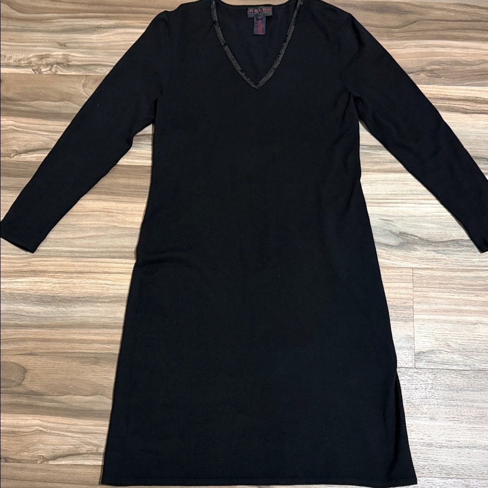 Vintage Ralph Lauren Sweater Dress Women’s M Black Silk Blend Sequin V-Neck